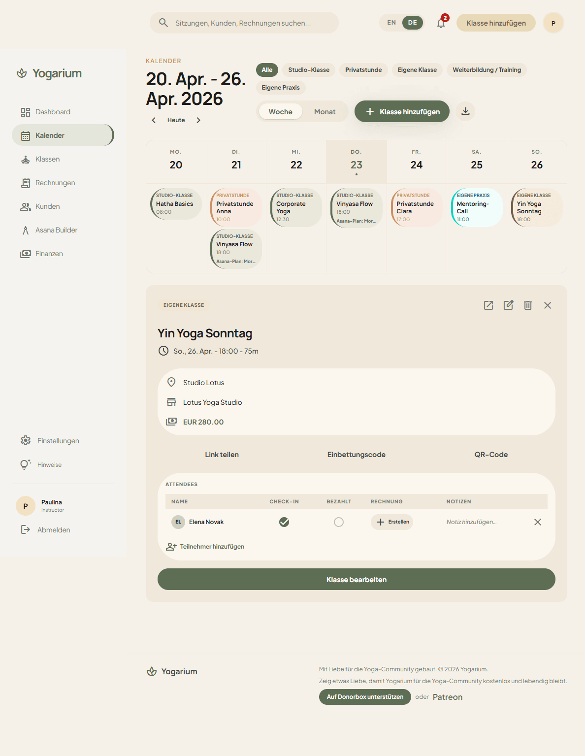 Yogarium dashboard with a mobile class signup screen